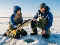 Best Ice Fishing Lakes in MN: A Strategic Analysis A full-body shot of an attractive couple in their late 20s, dressed in warm winter gear, successfully catching a walleye while ice fishing on a frozen Minnesota lake.