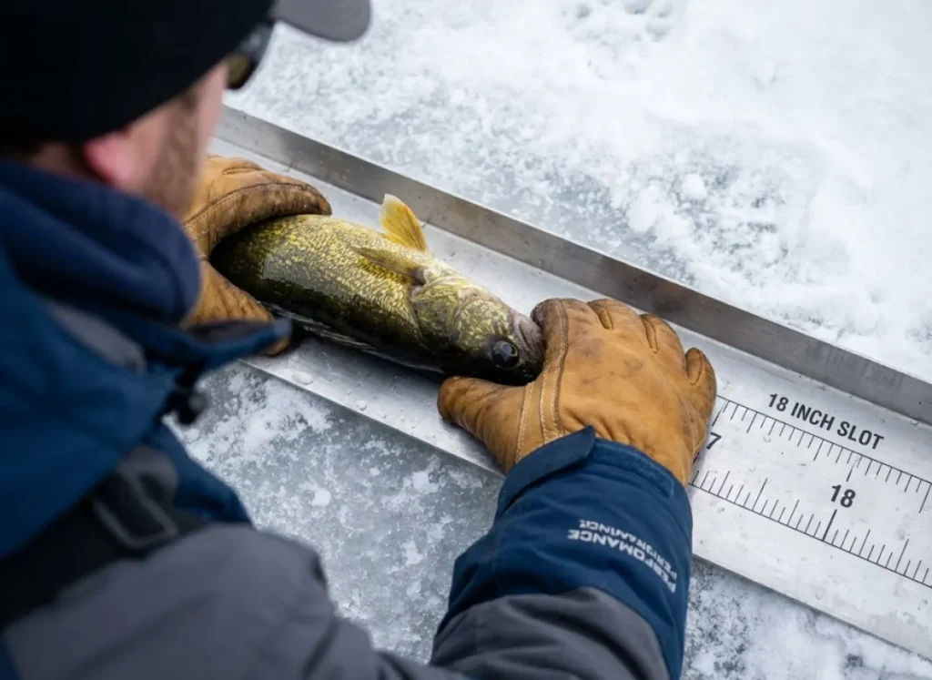 An angler measuring a Walleye on a bump board on the ice to check compliance with Minnesota fishing regulations.