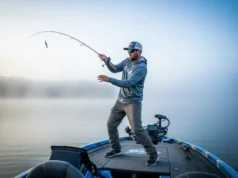 Data-Backed Topwater Fishing: A Modern Angler’s Guide A full-body shot of an angler in fishing gear casting a lure from a boat on a misty lake at sunrise, taken in a realistic smartphone photo style.
