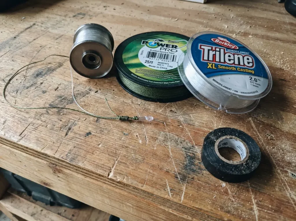 PowerPro braid and Berkley mono backing laid out before spooling a reel