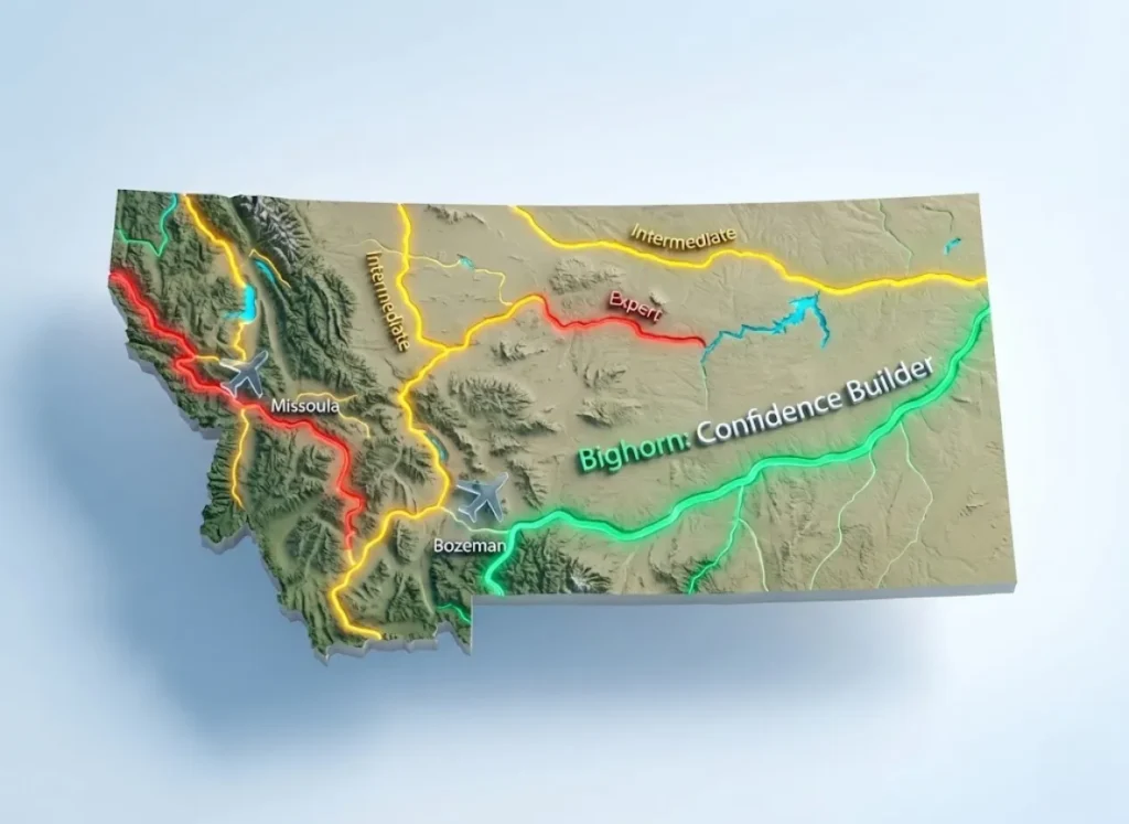 A stylized 3D isometric map of Montana illustrating fly fishing river difficulty levels. The Bighorn River is highlighted in glowing emerald green representing "Confidence Builder" status, contrasted against yellow "Intermediate" and red "Expert" rivers, with icons indicating Bozeman and Missoula airports.
