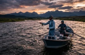 Best Fly Fishing Rivers Montana: Ranked by Difficulty A wide angle view of a drift boat on a large Montana river at sunset with mountains in the background.