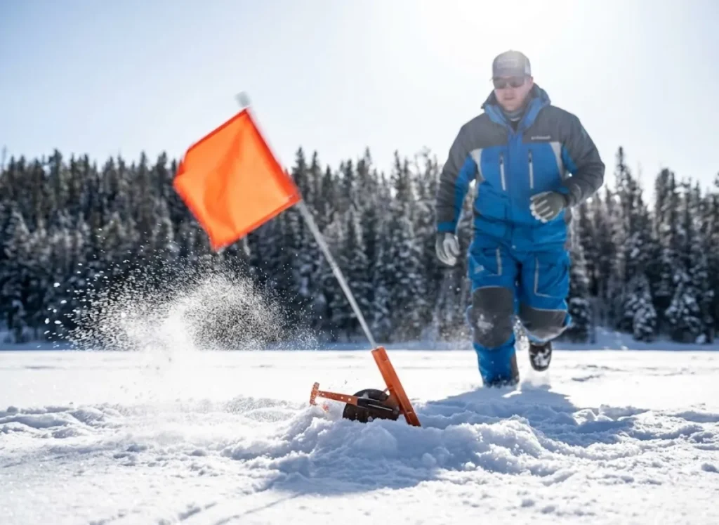 An orange tip-up flag springs up on a frozen lake with an angler running towards it in the background.