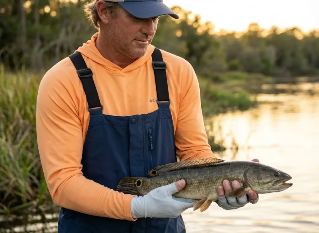 An angler carefully releasing a native Bowfin fish into a river, highlighting the tail spot.