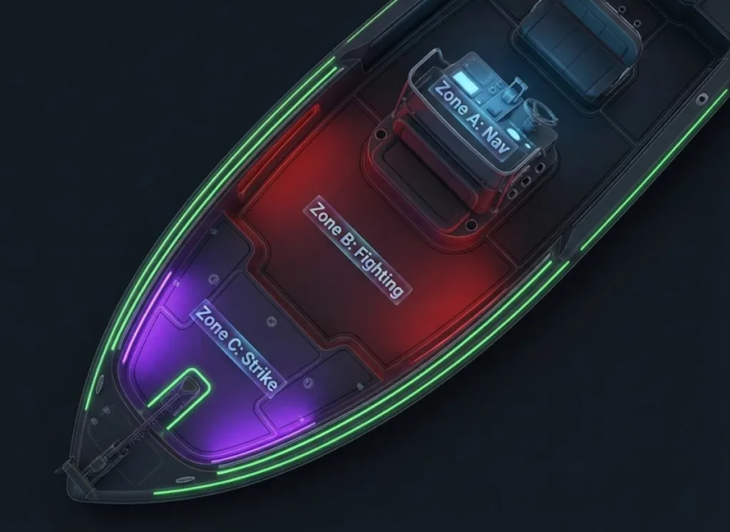 Top-down schematic illustration of a fishing boat deck at night, divided into three illuminated zones: Zone A (Navigation), Zone B (Red Light Fighting), and Zone C (UV Strike), featuring glow-tape safety markers on critical gear.