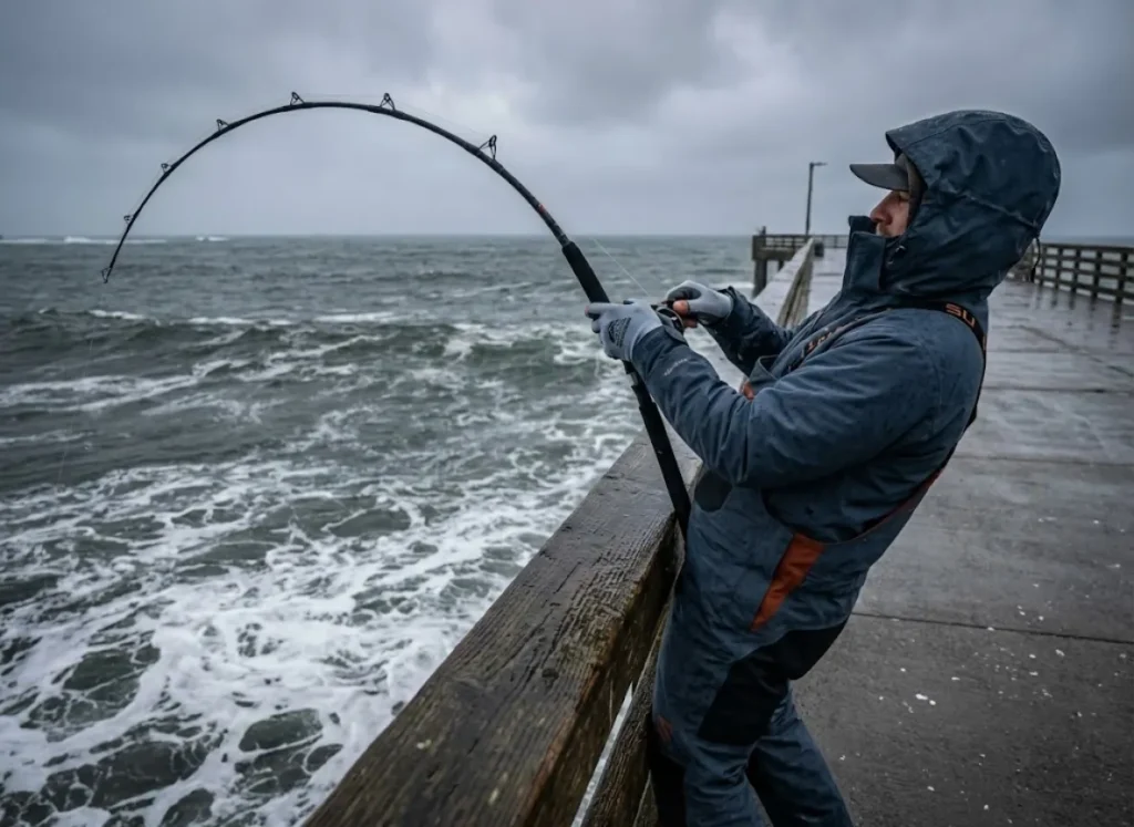 An angler in foul weather gear fighting a heavy load on a rod at a foggy, rough Northern California fishing pier.