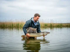 Northern Pike Facts: A Strategic Analysis for Anglers Full-body shot of a male angler in waders standing in a lake and holding a large Northern Pike.