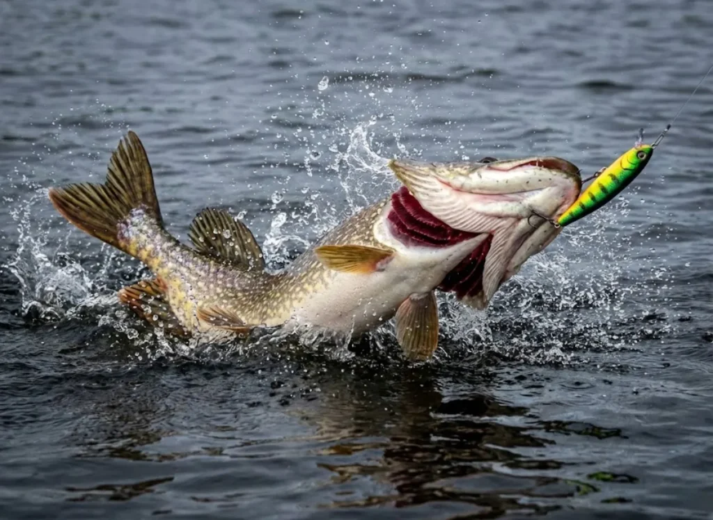 Northern Pike breaching the water surface during a fight with water spray.