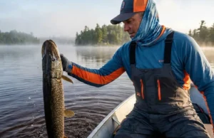 Northern Pike Facts: The Angler’s Tactical Guide An angler holding a large Northern Pike above the water on a foggy lake.
