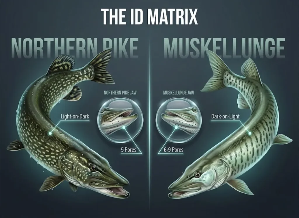 High-definition biological comparison infographic titled "The ID Matrix" showing a Northern Pike and a Muskellunge side-by-side. The visual highlights differences in skin patterns, tail shapes, and includes magnified inserts counting mandibular pores on the jaw.