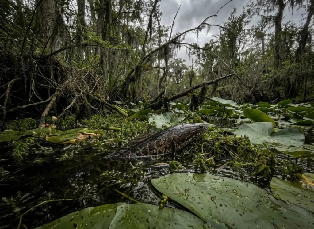 A Northern Snakehead fish surfacing in dense aquatic vegetation and lily pads.