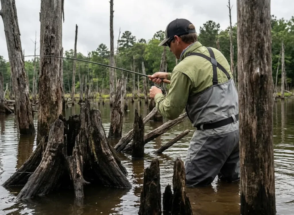 A reservoir filled with dead standing timber and stumps with an angler fishing in the background.