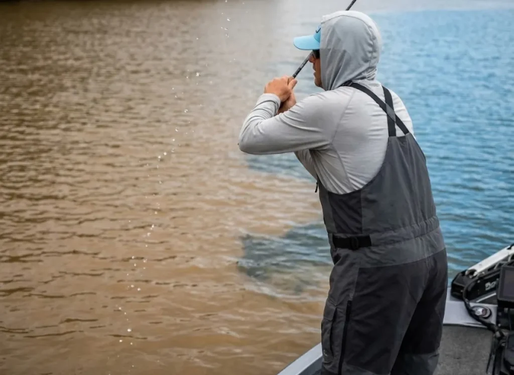 A fishing lure landing on the surface of the water exactly where a muddy current meets clear water, with an angler casting in the background.