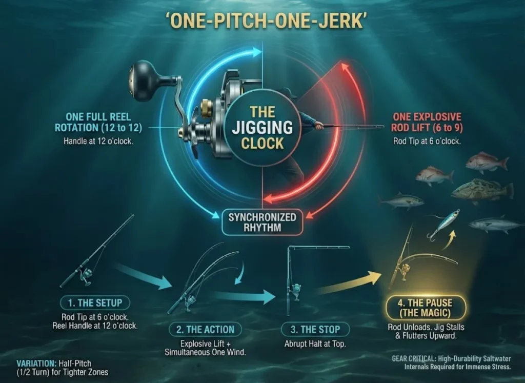 A comprehensive infographic illustrating the 'One-Pitch-One-Jerk' slow pitch jigging cadence. It features a central 'Jigging Clock' diagram synchronizing a fishing reel rotation with a rod lift. Below it is a four-stage sequence showing The Setup, The Action, The Stop, and The Pause where the jig flutters. Target fish species like Snapper and Grouper are in the deep water background.