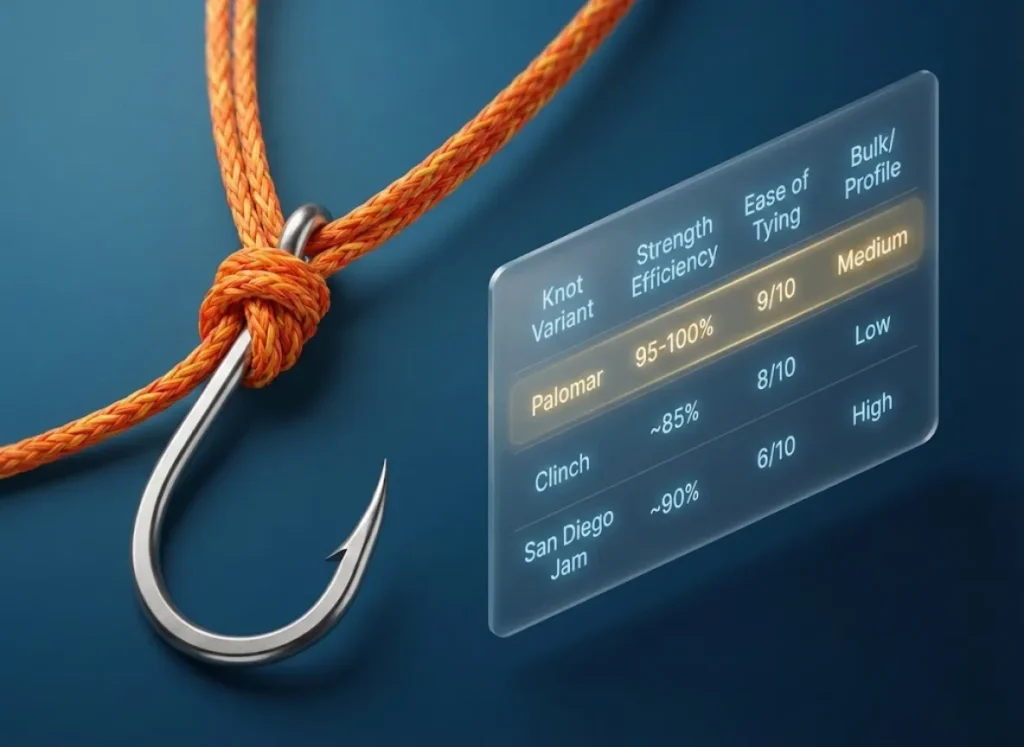 A premium infographic featuring a macro 3D illustration of a Palomar fishing knot tied to a hook, alongside a comparison data matrix rating the Palomar, Clinch, and San Diego Jam knots on strength, ease, and profile.