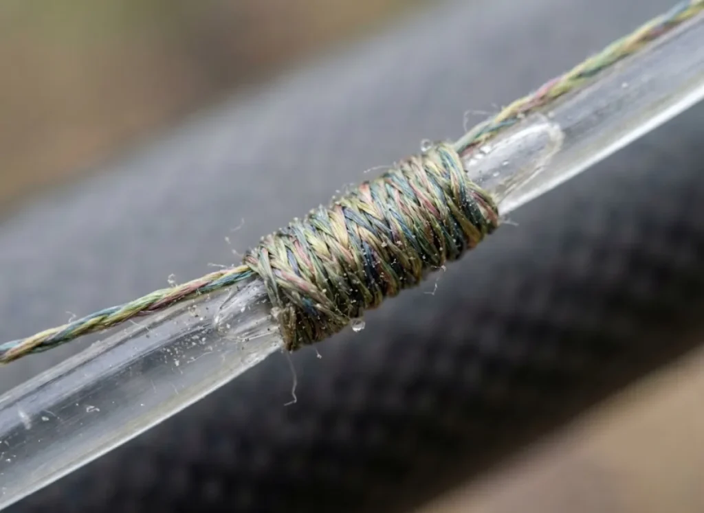 Macro view of braided fishing line biting into monofilament leader showing friction mechanics.