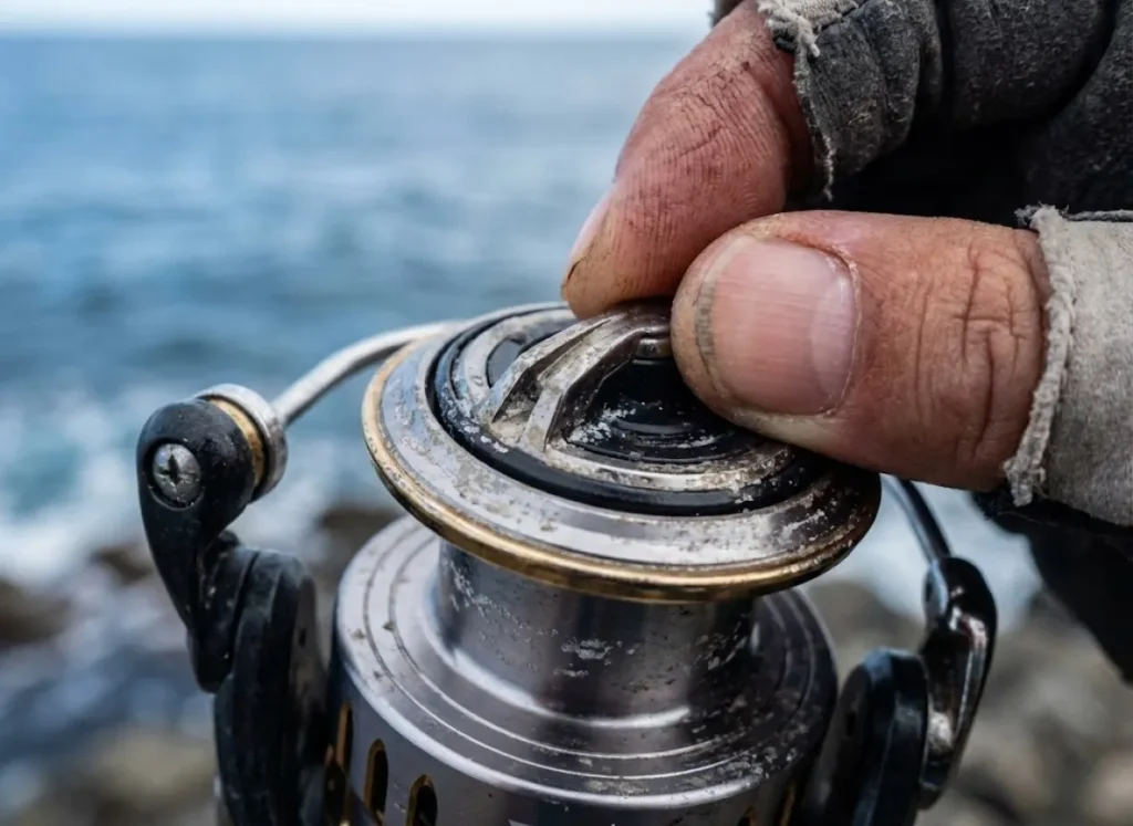 Close-up macro shot of a spinning reel drag knob and spool showing mechanical details.