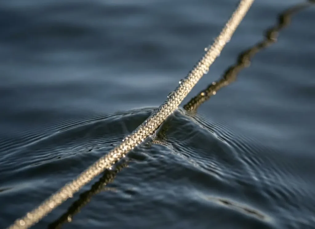 Extreme close-up of braided fishing line cutting through the water's surface tension while trolling.