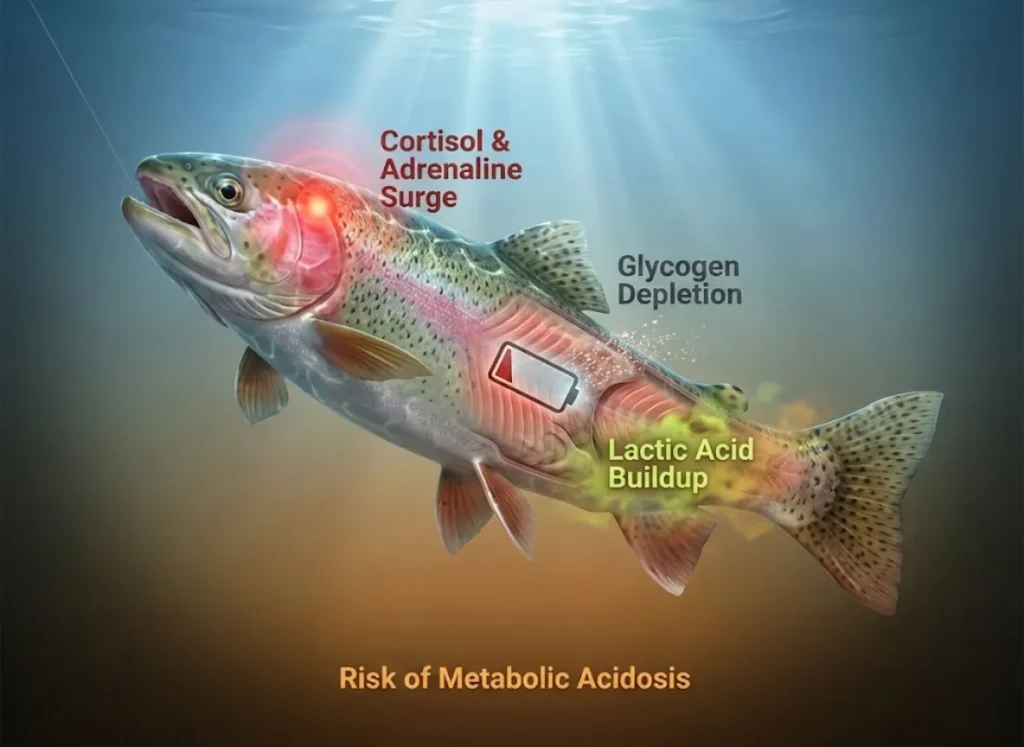 A stunning 3D cross-section infographic of a game fish underwater, visually mapping the physiological stages of stress during a fight: cortisol release, glycogen depletion, and lactic acid buildup leading to acidosis.