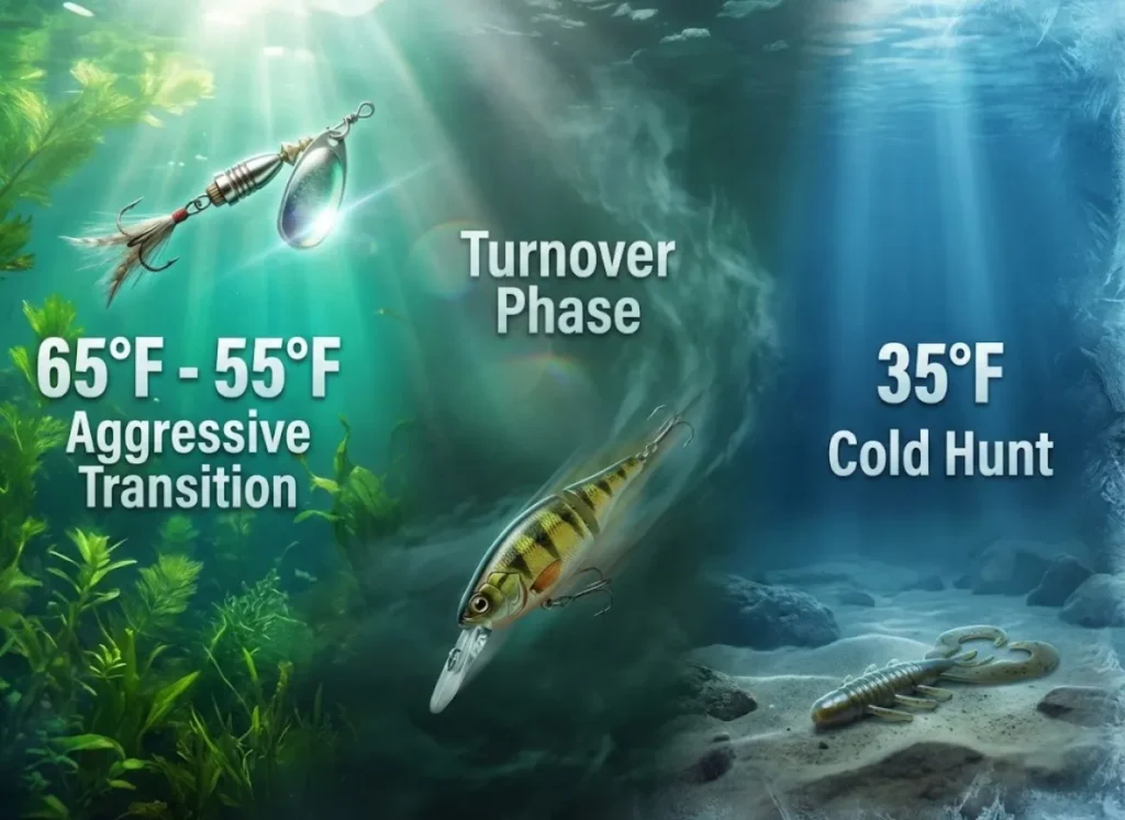 A visually stunning horizontal timeline infographic titled "The Temperature Playbook." It illustrates three phases of Pike fishing: "Aggressive Transition" (65°F-55°F) featuring a spinner lure, "Turnover" featuring a crankbait, and "Cold Hunt" (35°F) featuring a soft rubber bait. The background transitions from shallow green weeds to deep blue water.