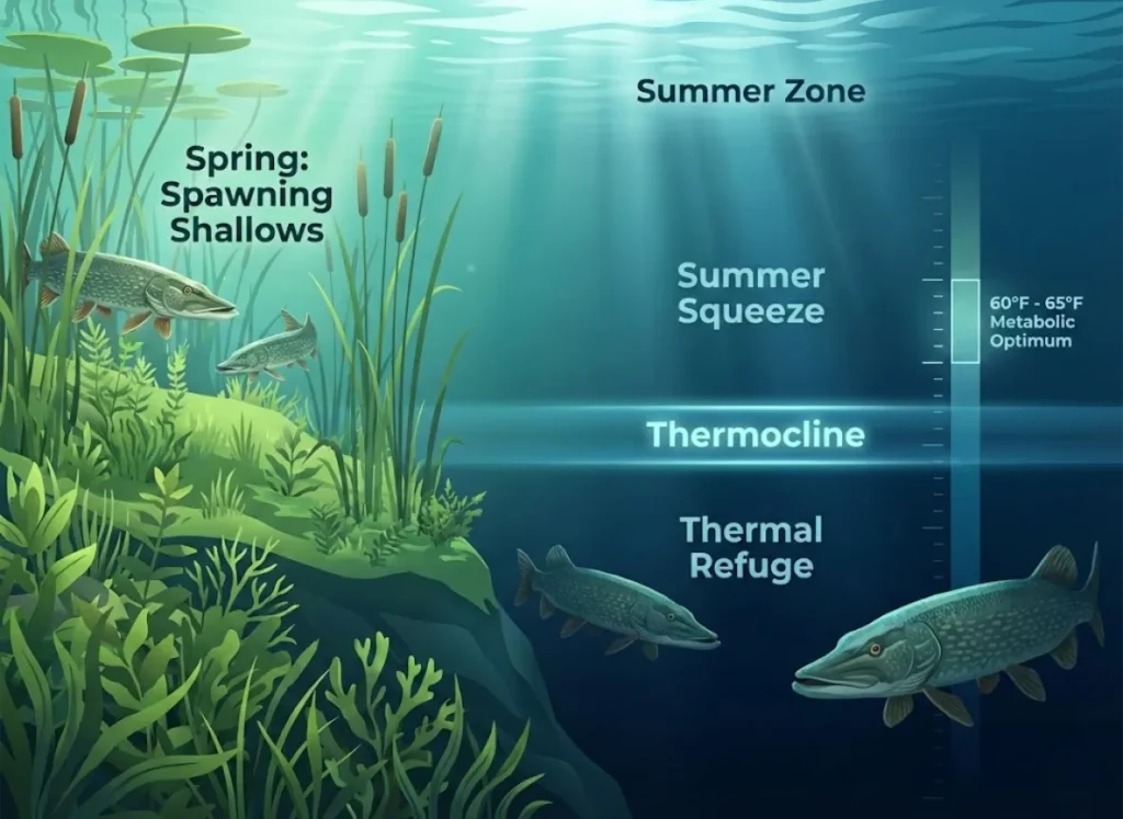 A visually stunning cross-section diagram of a lake ecosystem illustrating Northern Pike migration patterns. The image shows a gradient from shallow, weedy waters to deep, cold depths, highlighting the "Thermal Squeeze." It depicts pike behavior across Spring, Summer, and Fall, with temperature zones labeled 60°F-65°F and the thermocline clearly visible.