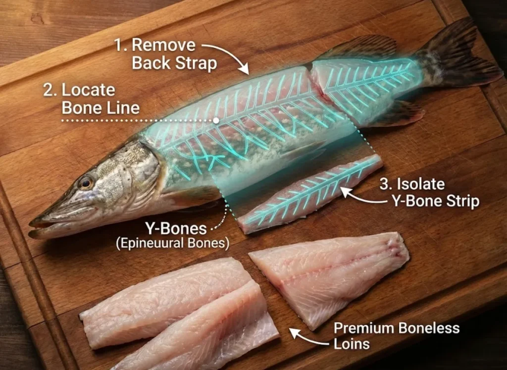 A detailed infographic illustration showing a Northern Pike on a cutting board with a translucent anatomical overlay highlighting the floating Y-bones. Arrows and labels demonstrate the "5-fillet method" steps: removing the back strap, locating the bone line, isolating the Y-bone strip, and resulting in boneless loins.