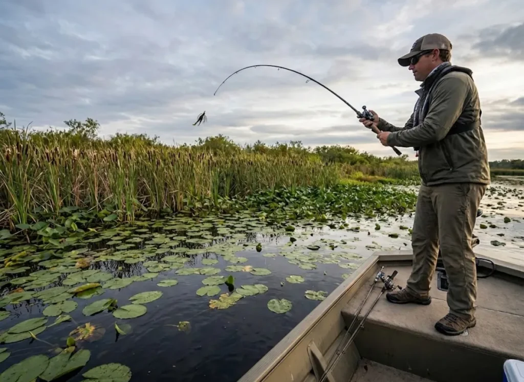 An angler pitching a fishing lure into dense reeds and lily pads from the deck of a boat.