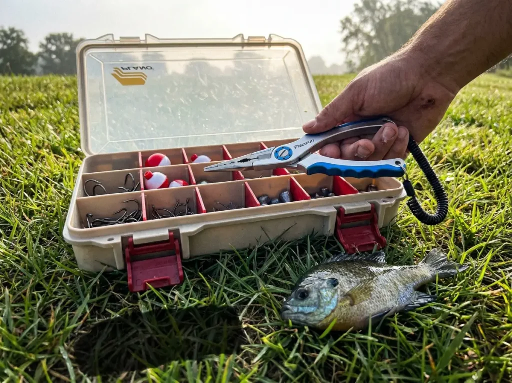 Aluminum fishing pliers and an open tackle box on the bank, the basic tools a beginner needs