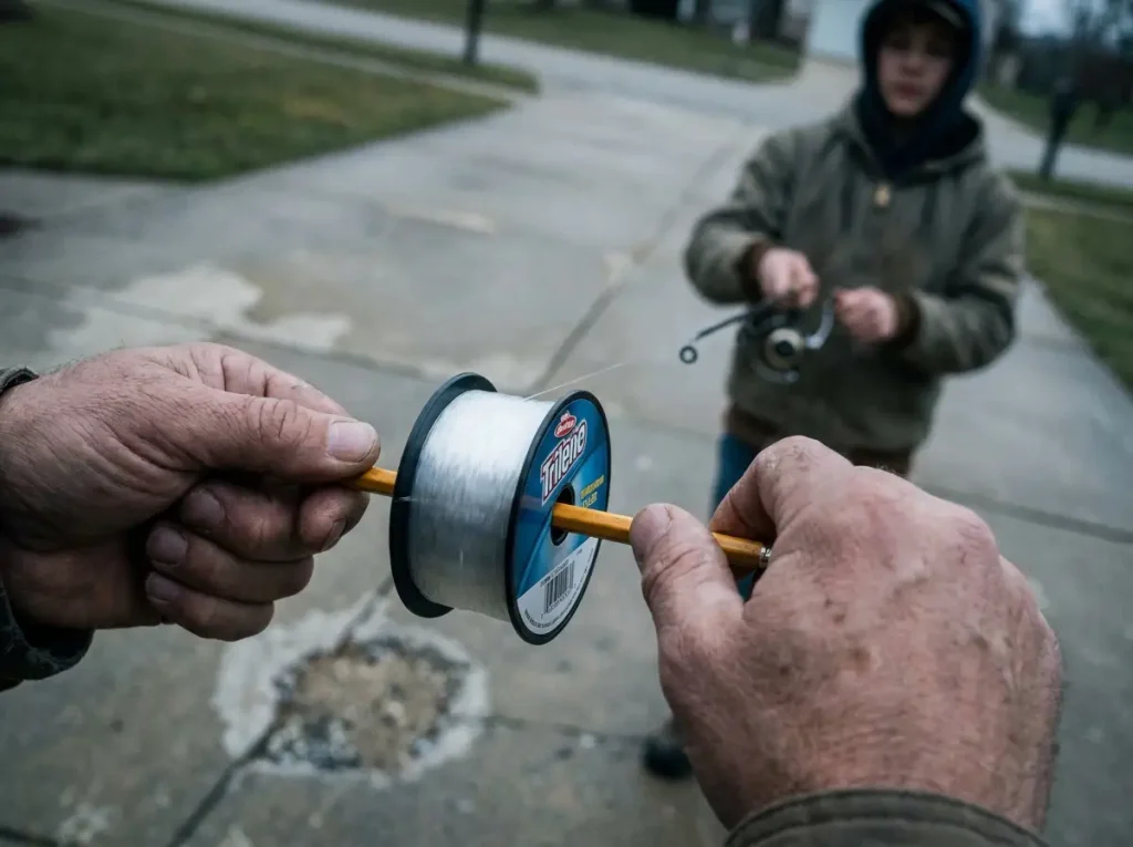 Pencil through a filler spool held by a helper to spool line without twist