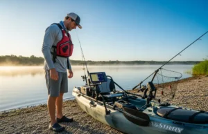 The Right Kayak Fish Finder: A Pro Angler’s Matrix A full-body shot of an angler in a PFD and fishing gear, standing on a lake shore and looking at the fish finder screen on his kayak.