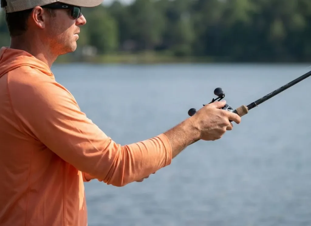 Side view of an angler holding a baitcaster with the reel handles pointing up, demonstrating proper wrist mechanics.