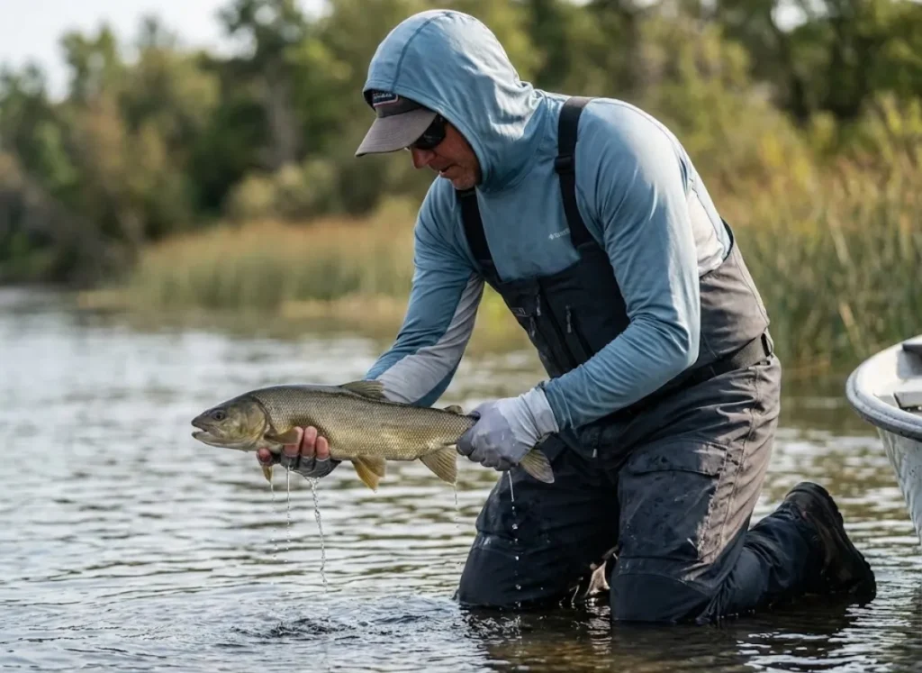 An angler kneeling in the water holding a fish horizontally with two hands, supporting its weight properly.