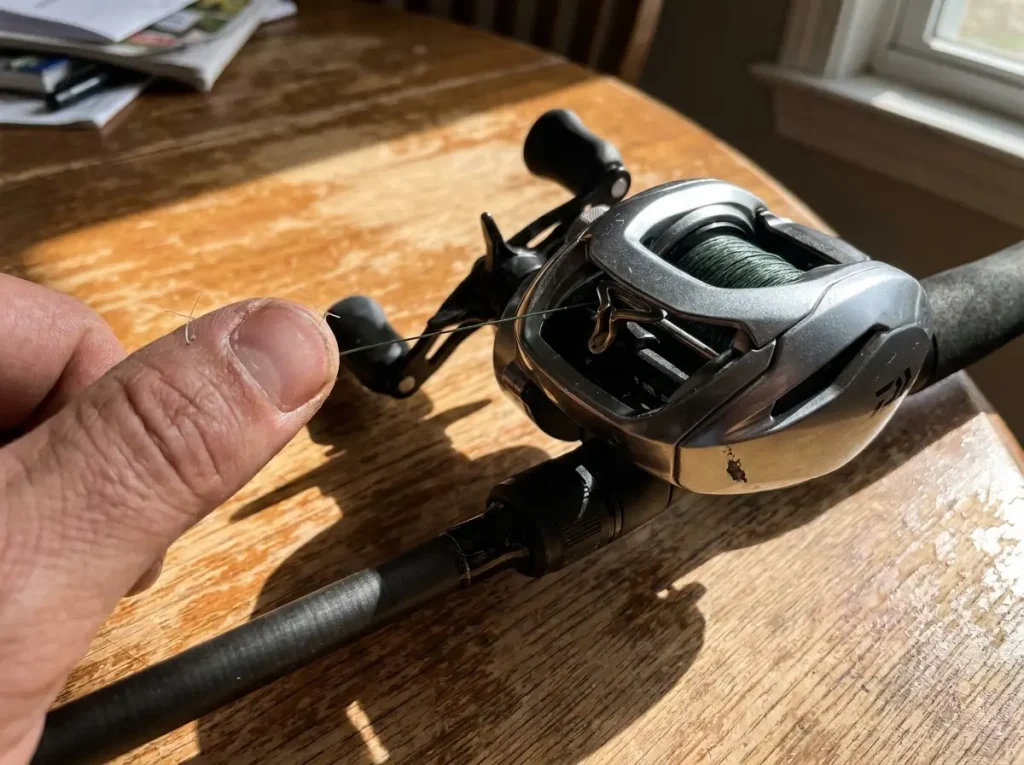 Thumb leveling braided line onto a Daiwa baitcaster reel during spooling