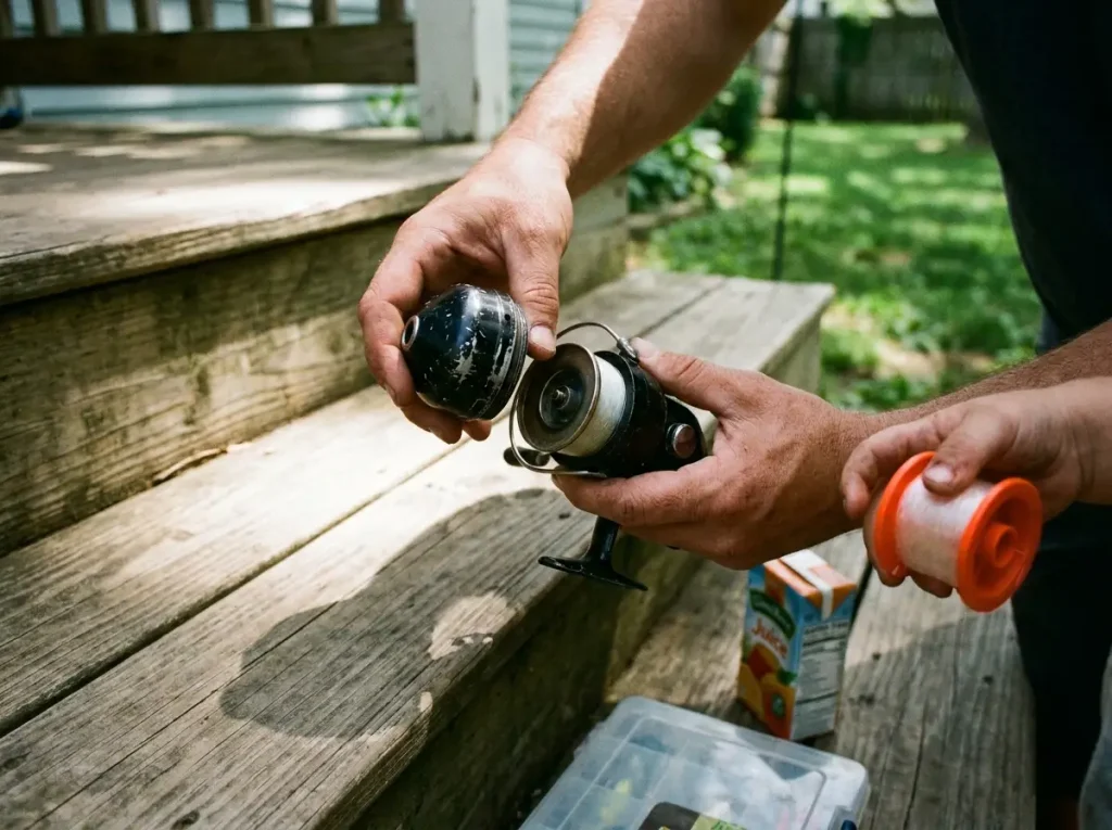 Hands unscrewing the nose cone of a push-button spincast reel to spool new line