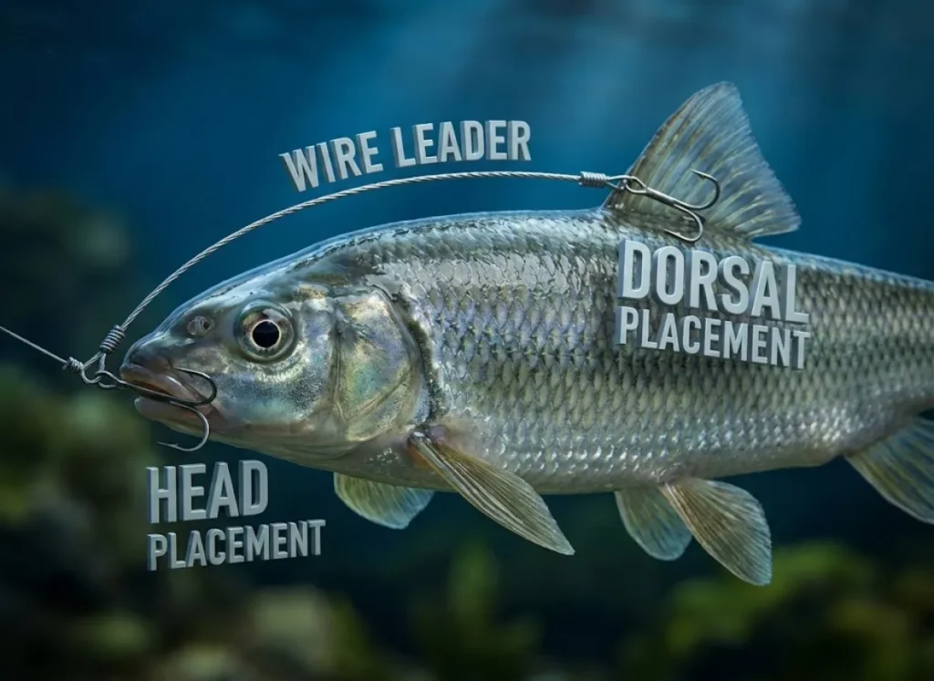 A high-definition educational illustration of a Quick-Strike fishing rig setup on a sucker minnow. The diagram highlights the ethical placement of two treble hooks—one at the lips and one behind the dorsal fin—connected by a wire leader to ensure a safe hookset for pike.