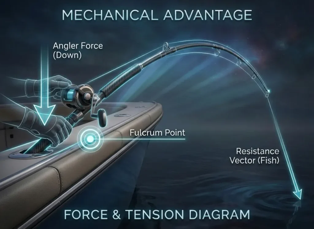 A high-end 3D infographic illustrating the physics of the "Rail Rod" fishing technique. It shows a side profile of an angler pushing down on a bent rod resting on a boat's gunwale. Glowing vector lines highlight the fulcrum point on the rail, the downward force applied by the angler, and the resistance vector from the fish, set against a deep ocean background.