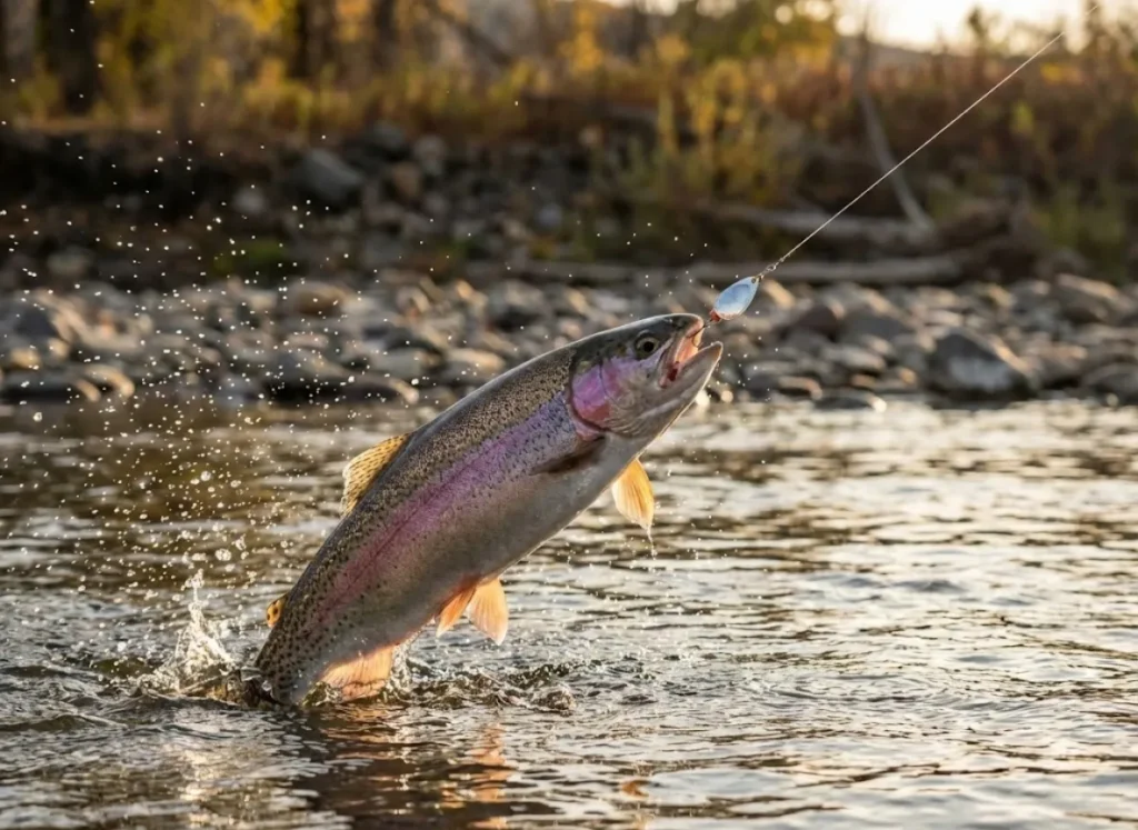 Rainbow trout jumping out of the water with a fishing lure in its mouth.