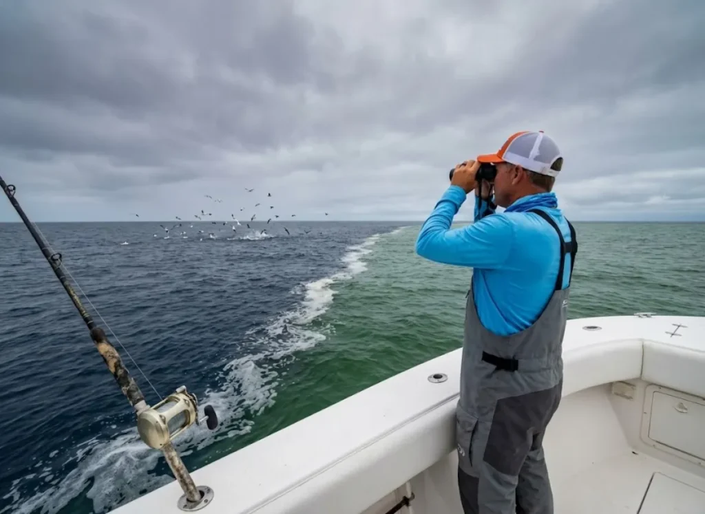 An angler on a boat scanning the ocean horizon with binoculars looking for birds and water color changes.