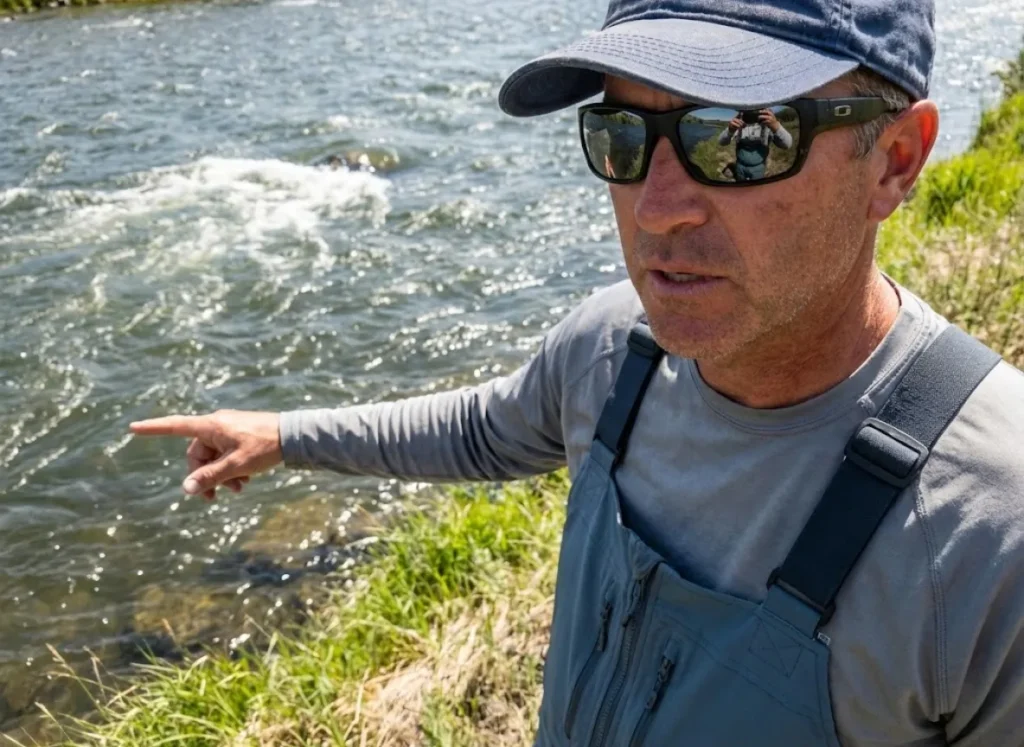 Close up of a fly fisherman wearing polarized sunglasses scanning the river current from a high bank.