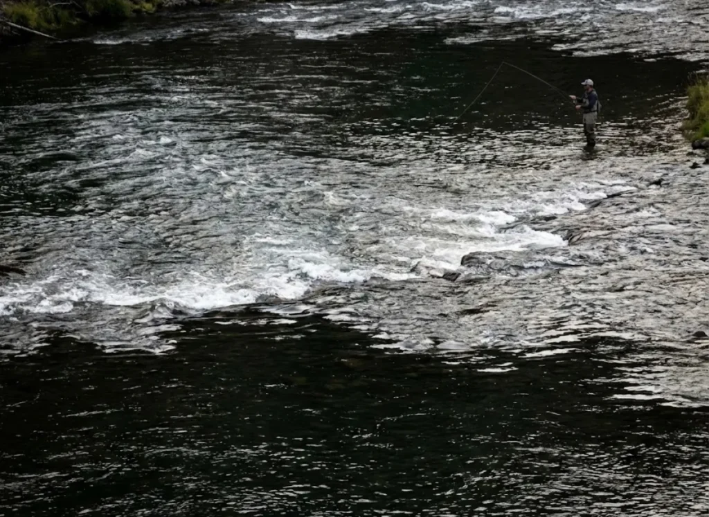 A river landscape showing riffles, runs, and current seams with an angler in the distance.