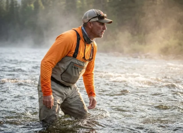 reading-river-fishing-main Angler standing in a fast-moving river observing the current flow patterns.