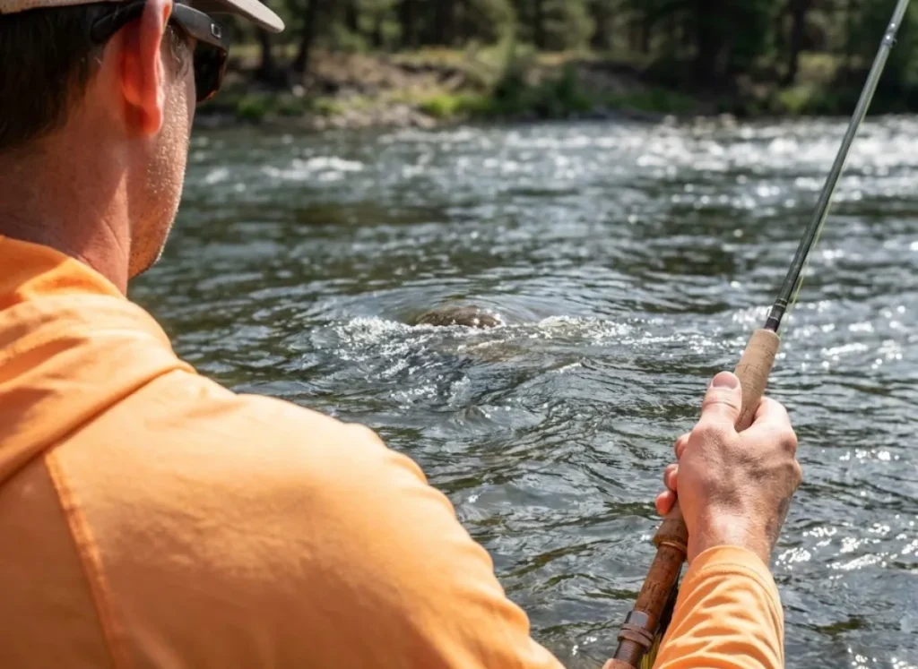 Angler looking at nervous water on the river surface indicating underwater structure.