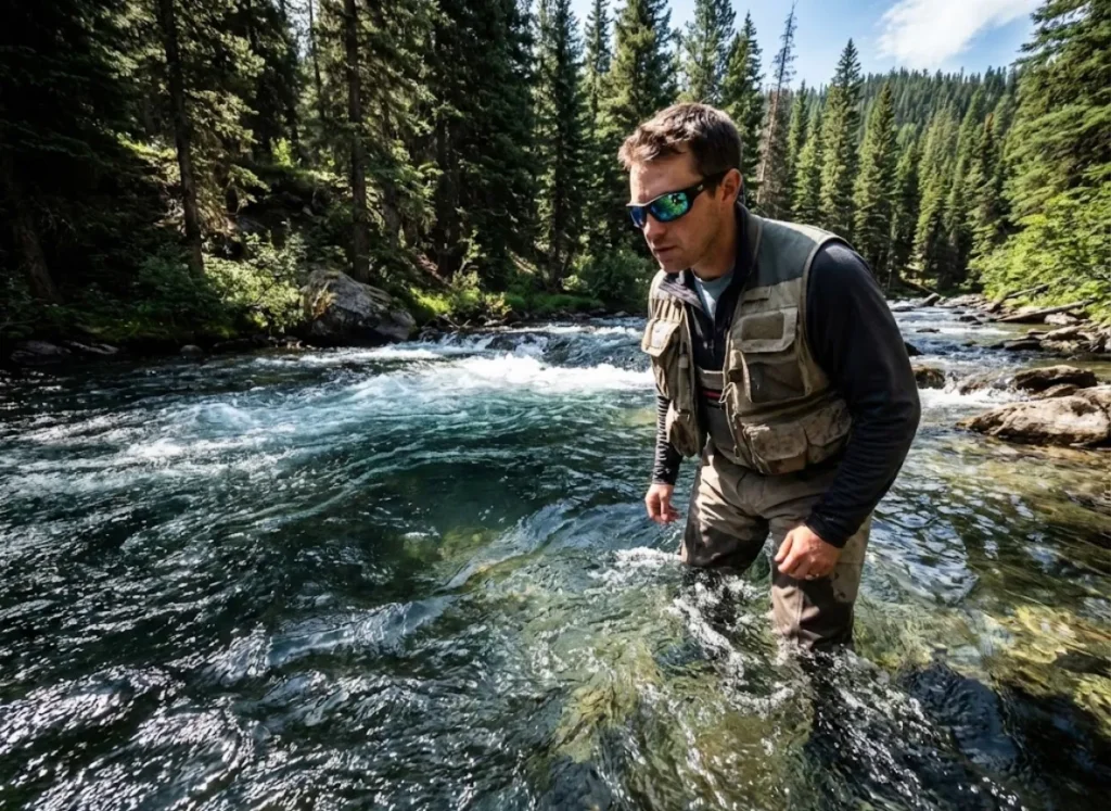 text: Fisherman standing in a river studying the water depth and light conditions.