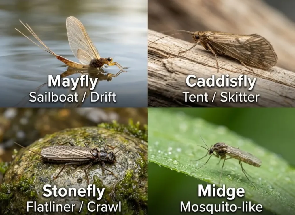 A photorealistic 2x2 grid showing high-definition macro photography of a Mayfly, Caddisfly, Stonefly, and Midge in their natural river habitats, labeled with their names and silhouette characteristics.