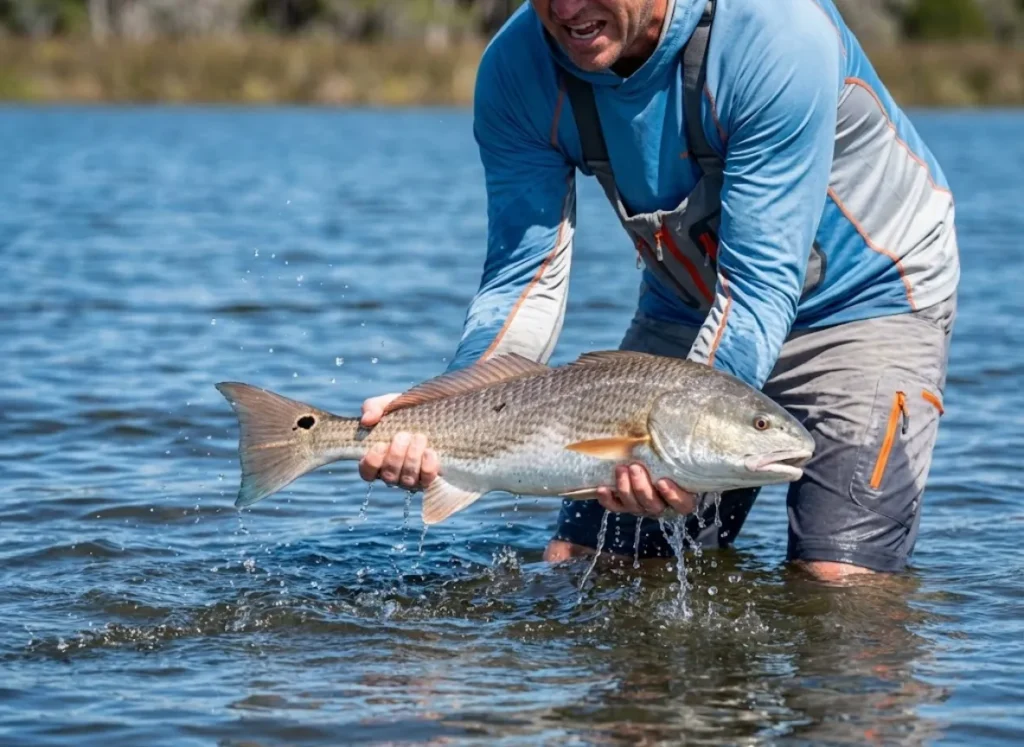 A wade fisherman holding a dripping, bronze-colored Redfish with a prominent tail spot just above the water surface.