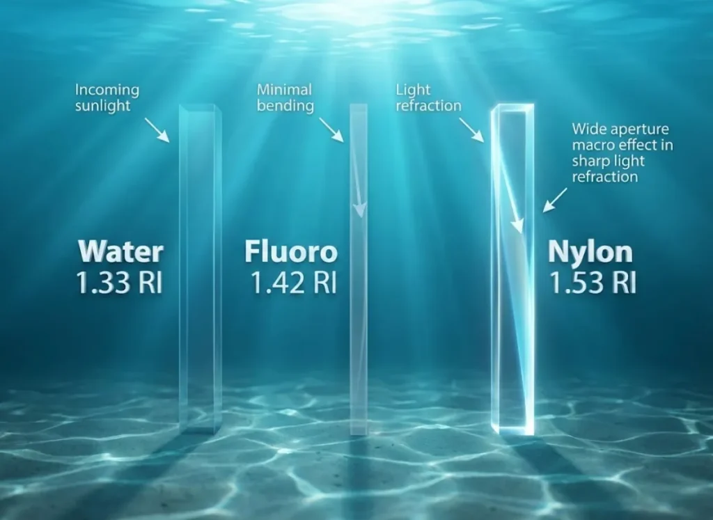 A high-definition underwater infographic comparing the refractive index of Water (1.33), Fluorocarbon (1.42), and Nylon (1.53). The image visualizes how light passes through each material, demonstrating that fluorocarbon is less visible than nylon due to light refraction physics.
