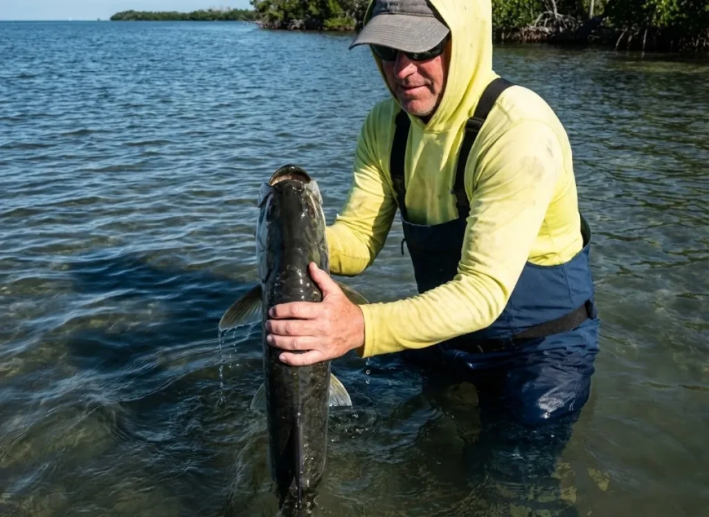 An angler kneeling in the water holding a large fish facing the current to revive it before release.