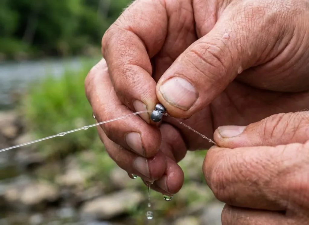 Close up of angler's hands attaching a split shot weight to fishing line.