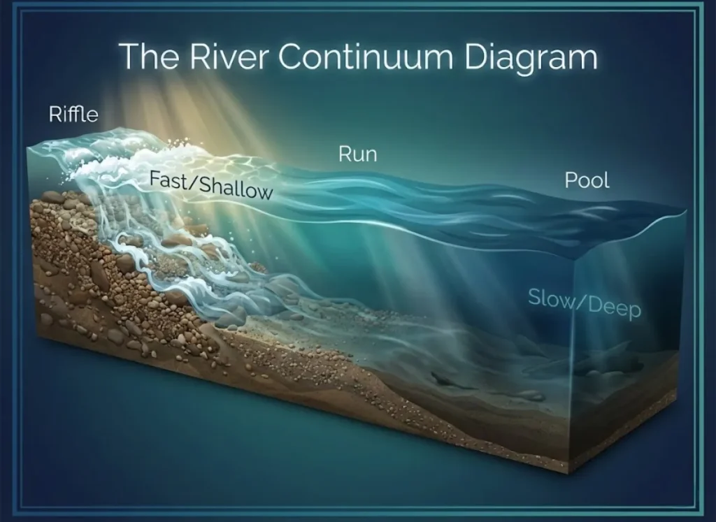 A detailed cross-section illustration of a riverbed showing the Riffle-Run-Pool sequence. It depicts the elevation drop from a shallow, fast-moving riffle to a transitional run, ending in a deep, slow-moving pool, with labels indicating water speed and depth.