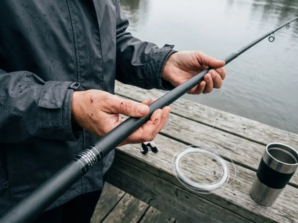Close-up of a graphite fishing rod blank tapering from thick butt to thin tip